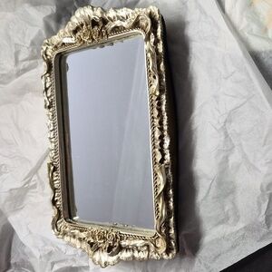 Footed Mirrored Vanity Tray Antiqued Gold Tone